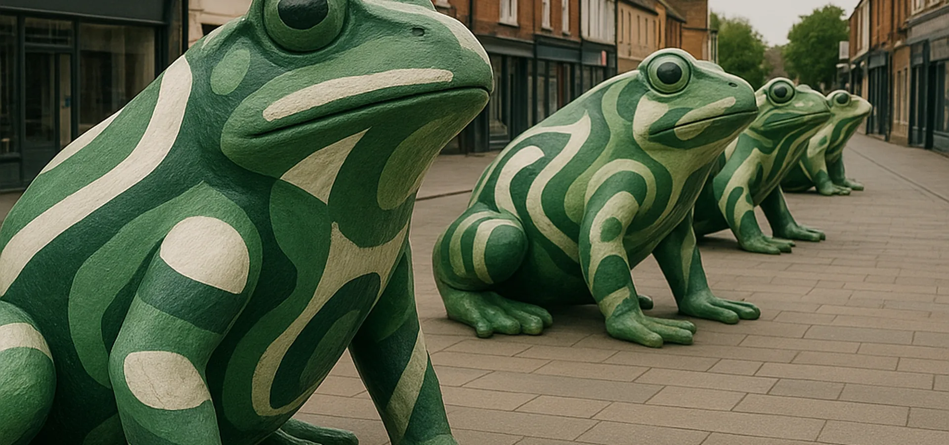 Colourful painted giant frog sculptures along a town street