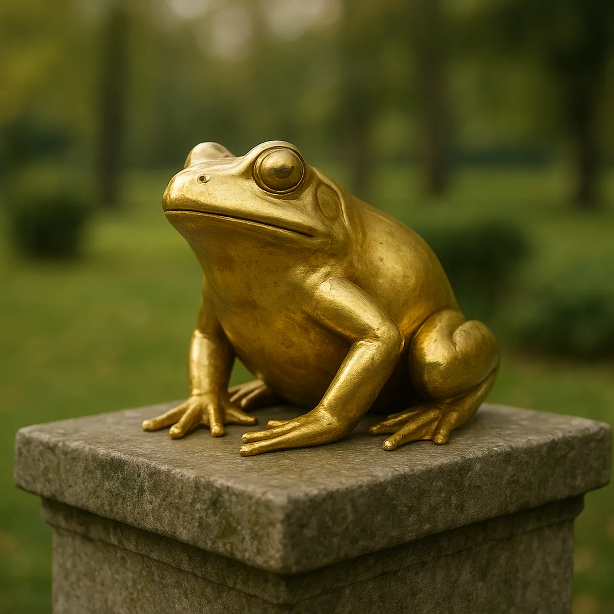 Golden frog figure on a stone plinth